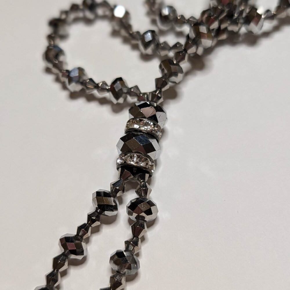 Lariat Multifaceted Silver Metallic Beaded Necklace with Rhinestones and Tassel